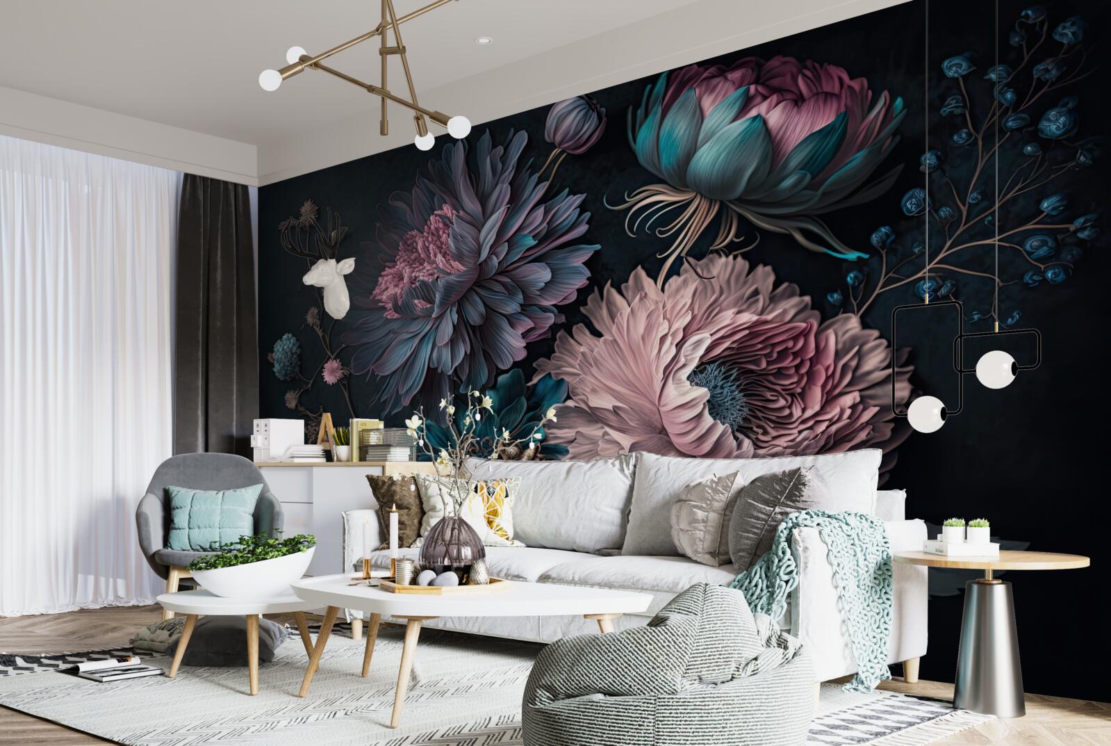 Fotobehang tropische bloemen bloeien op een donkere achtergrond