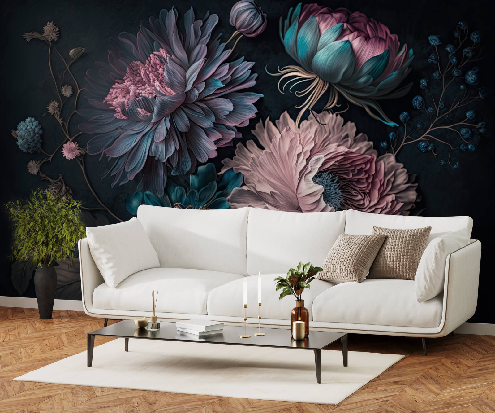 Fotobehang tropische bloemen bloeien op een donkere achtergrond