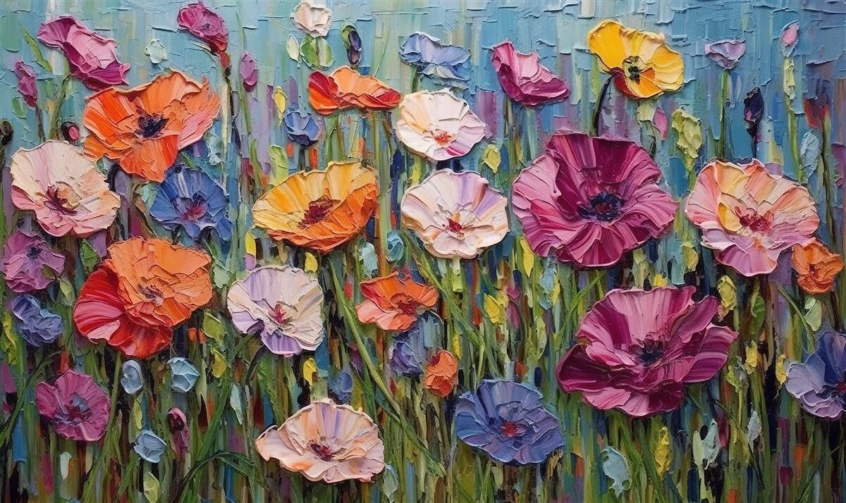 Fotobehang zomerbloemen in het veld onder de hemel