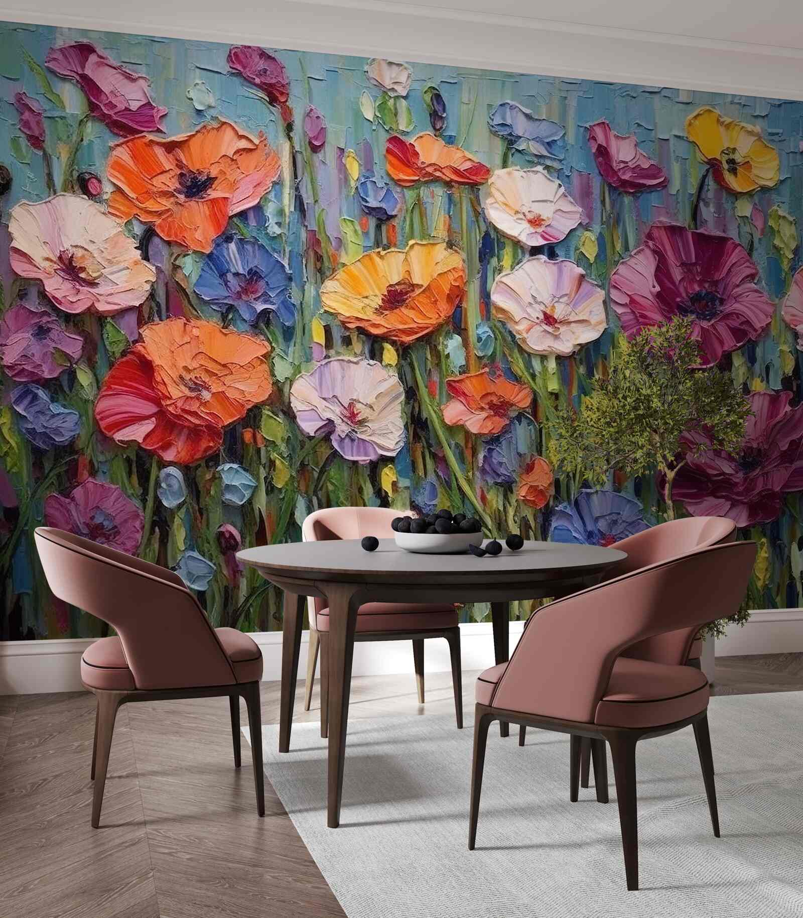 Fotobehang zomerbloemen in het veld onder de hemel