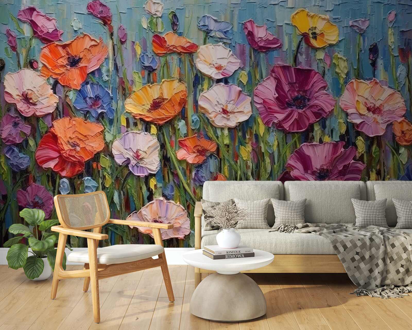 Fotobehang zomerbloemen in het veld onder de hemel