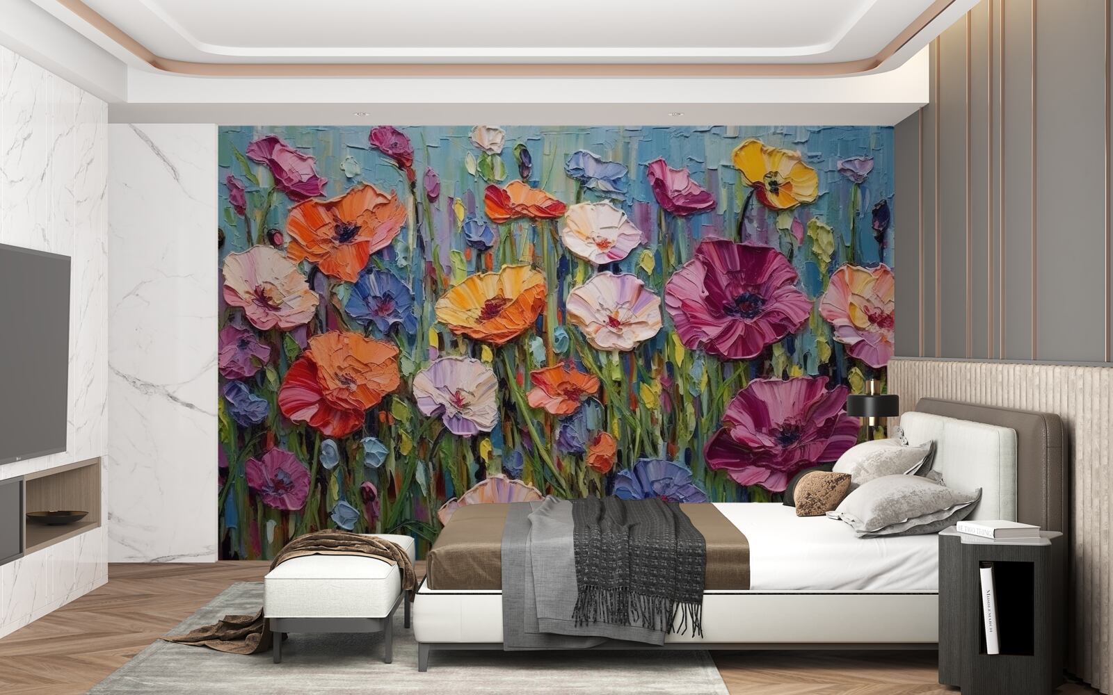 Fotobehang zomerbloemen in het veld onder de hemel