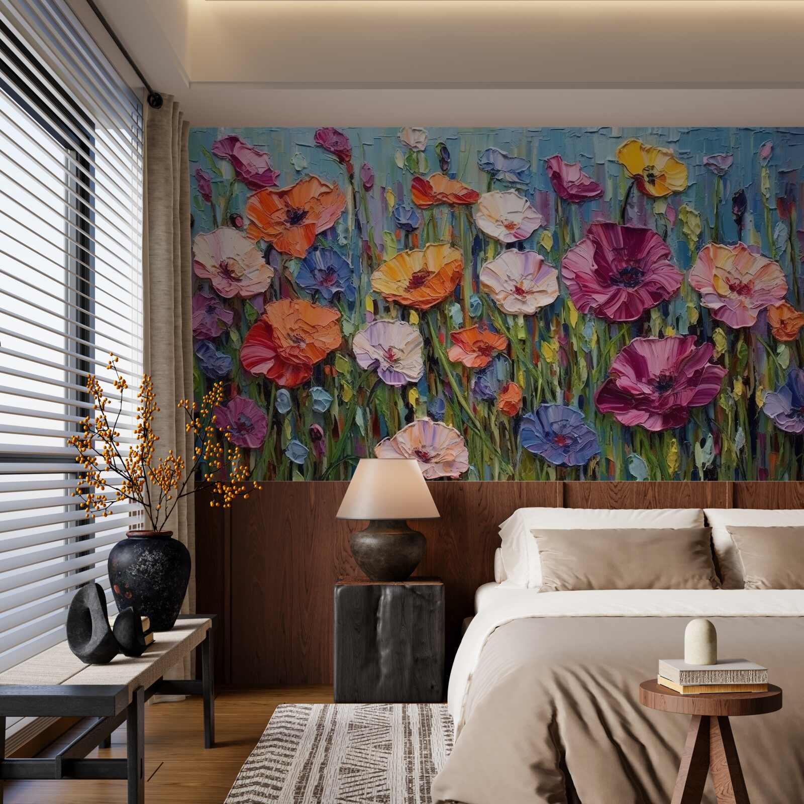 Fotobehang zomerbloemen in het veld onder de hemel