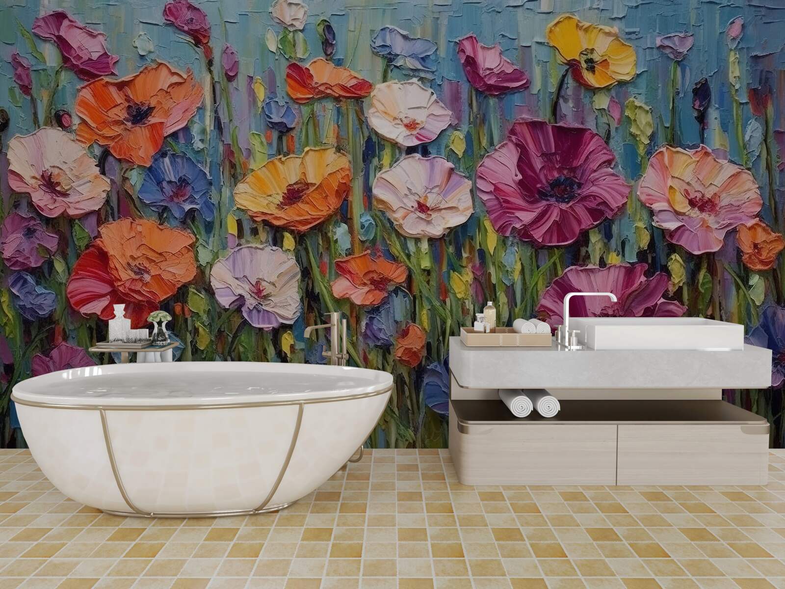 Fotobehang zomerbloemen in het veld onder de hemel