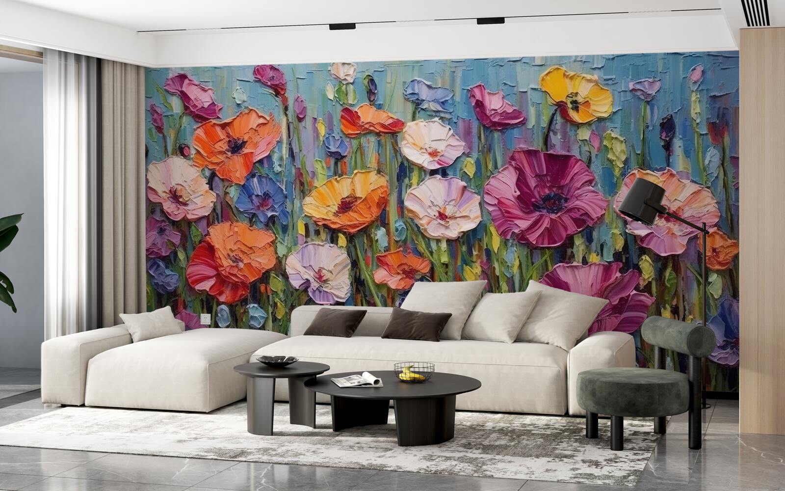 Fotobehang zomerbloemen in het veld onder de hemel