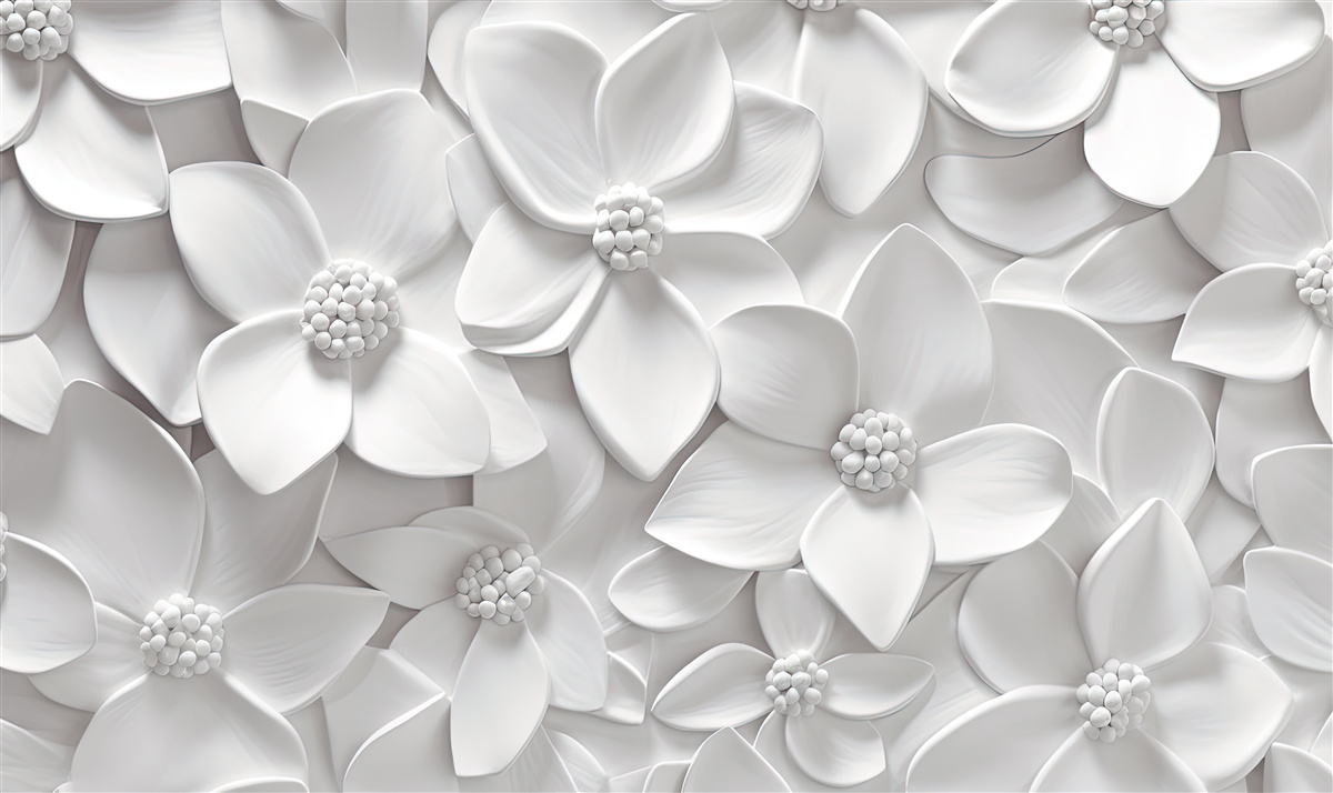 Fotobehang witte bloemen gecombineerd in bas-reliëf