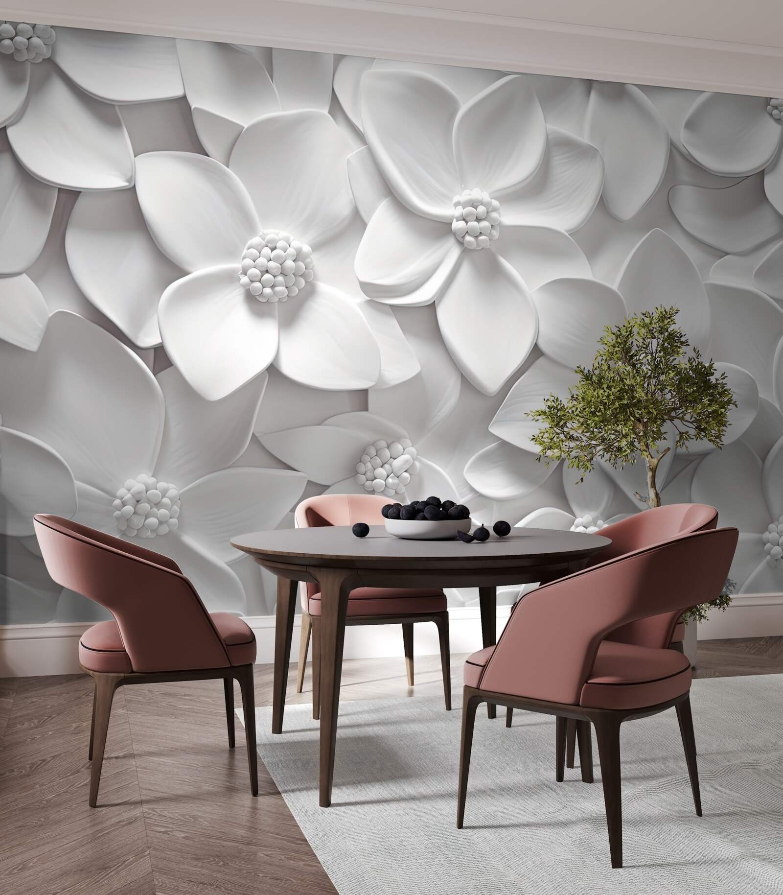 Fotobehang witte bloemen gecombineerd in bas-reliëf