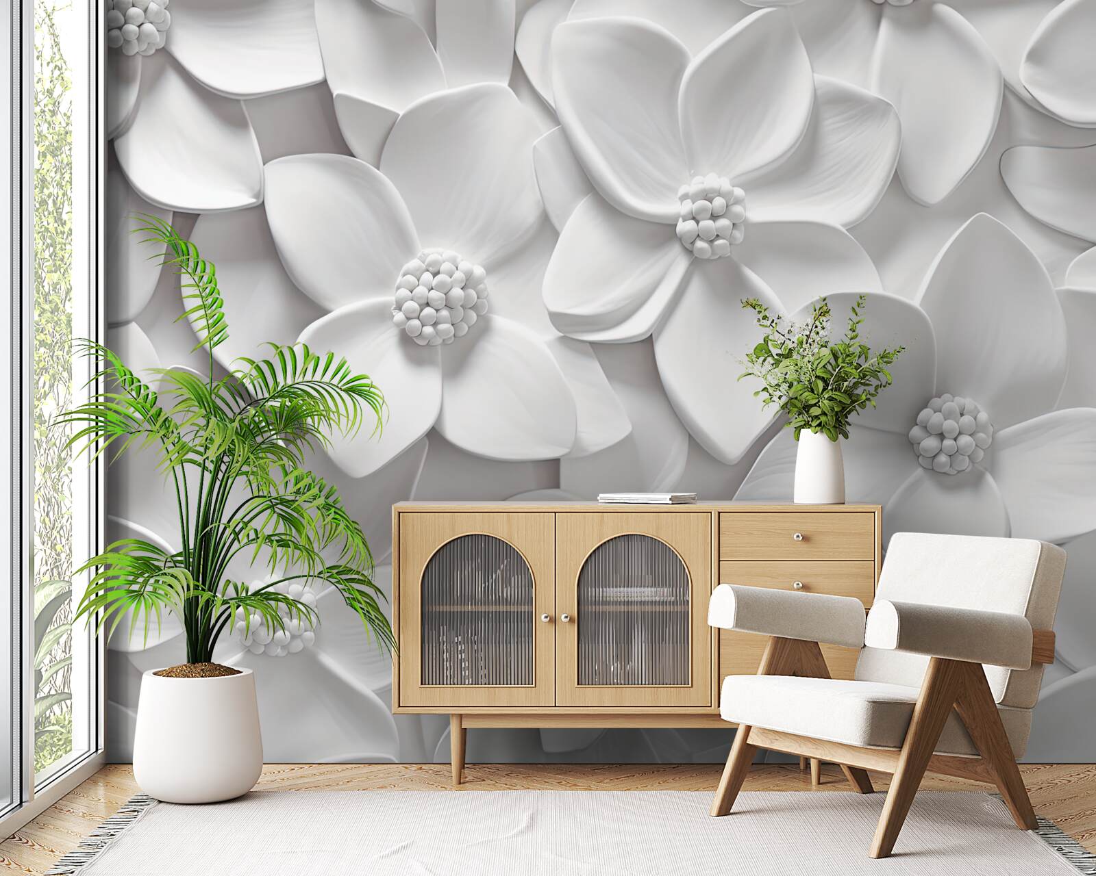 Fotobehang witte bloemen gecombineerd in bas-reliëf