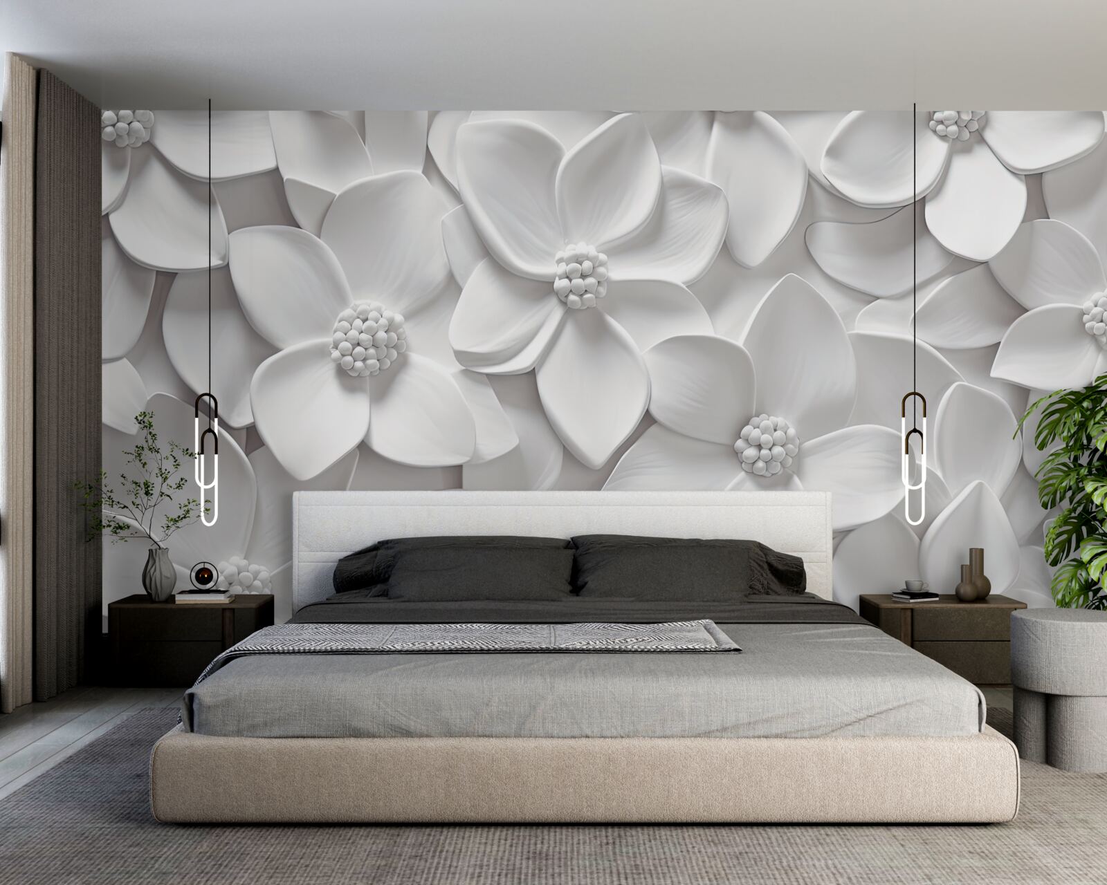 Fotobehang witte bloemen gecombineerd in bas-reliëf