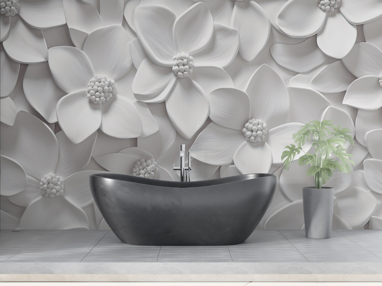 Fotobehang witte bloemen gecombineerd in bas-reliëf