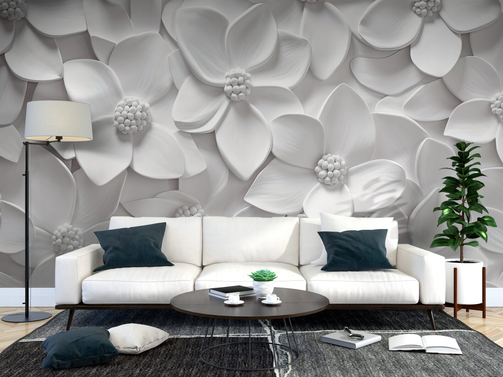 Fotobehang witte bloemen gecombineerd in bas-reliëf