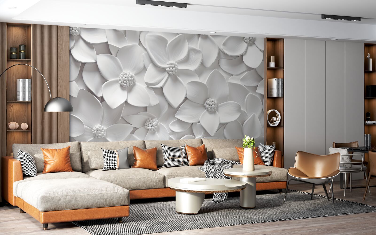 Fotobehang witte bloemen gecombineerd in bas-reliëf