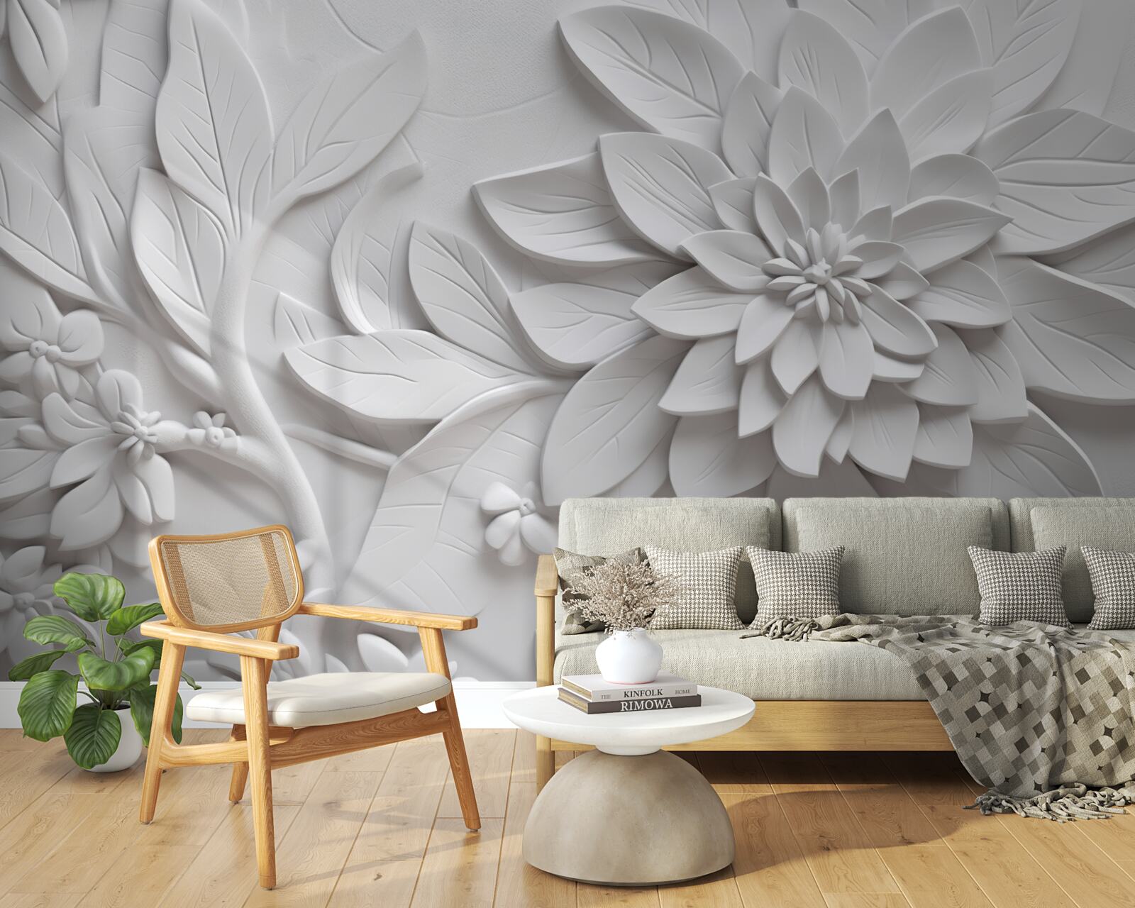 Fotobehang witte bloemen met structuur