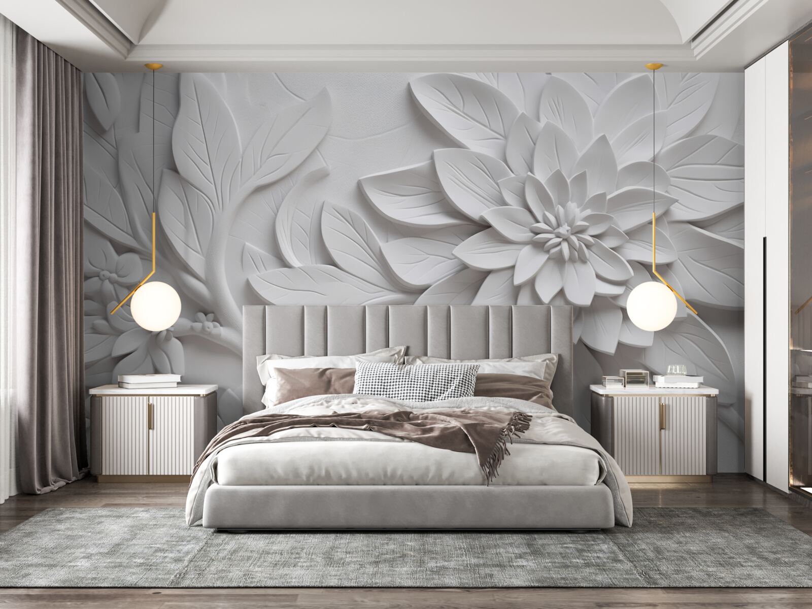 Fotobehang witte bloemen met structuur