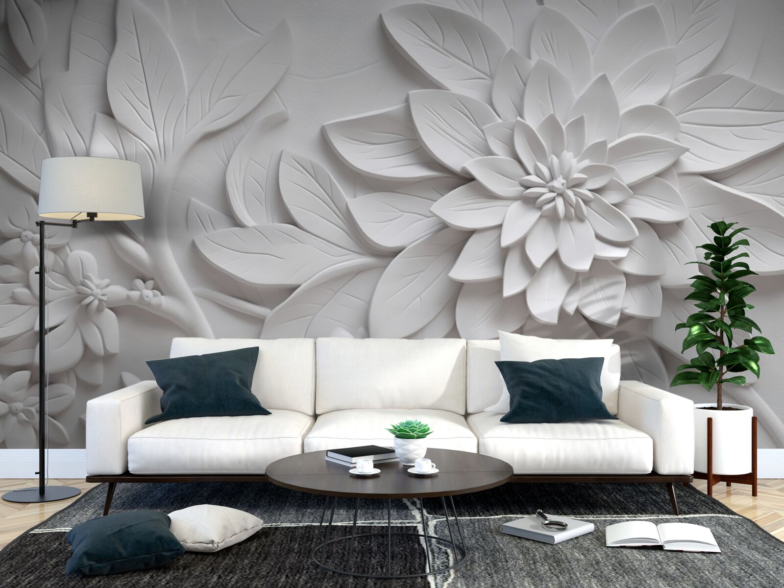 Fotobehang witte bloemen met structuur