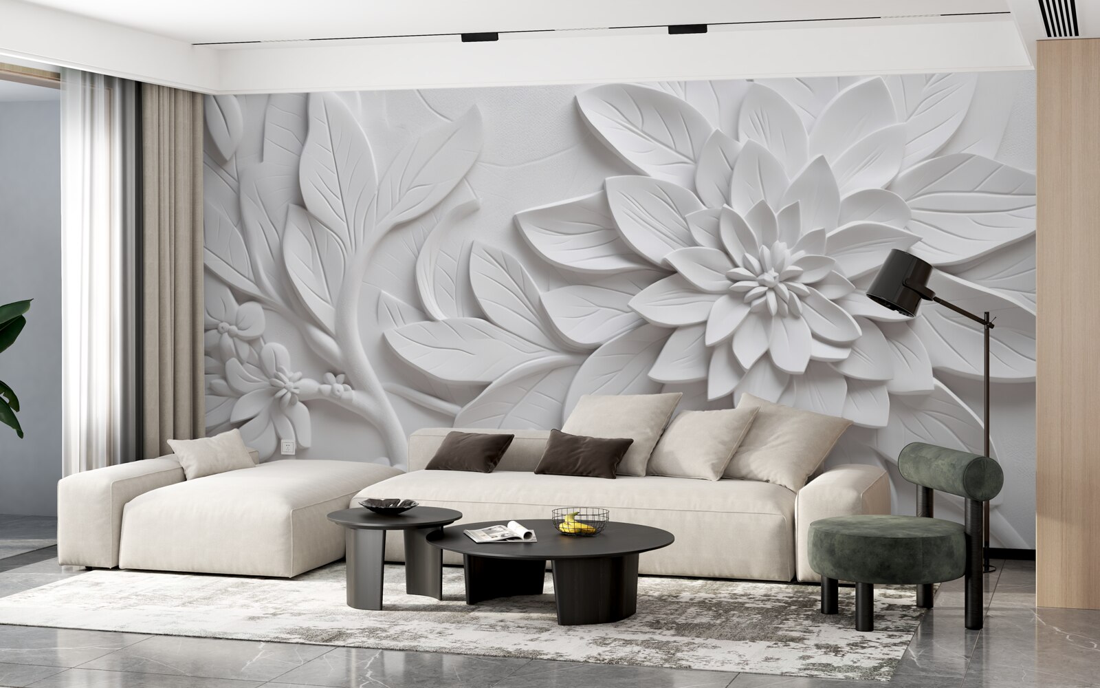 Fotobehang witte bloemen met structuur