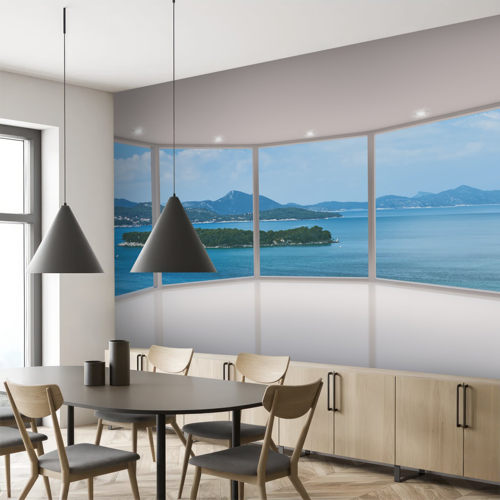 Fotobehang adembenemend panoramisch uitzicht op de oceaan vanuit de ramen