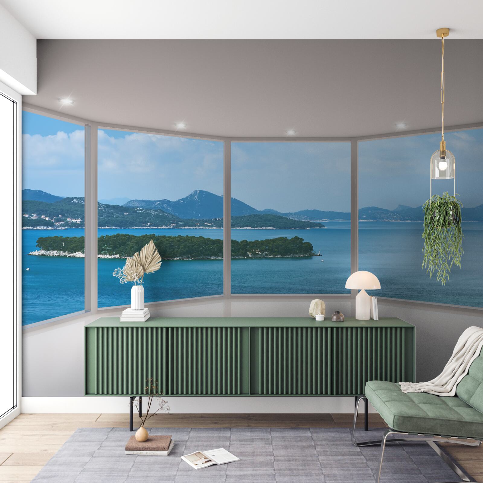 Fotobehang adembenemend panoramisch uitzicht op de oceaan vanuit de ramen