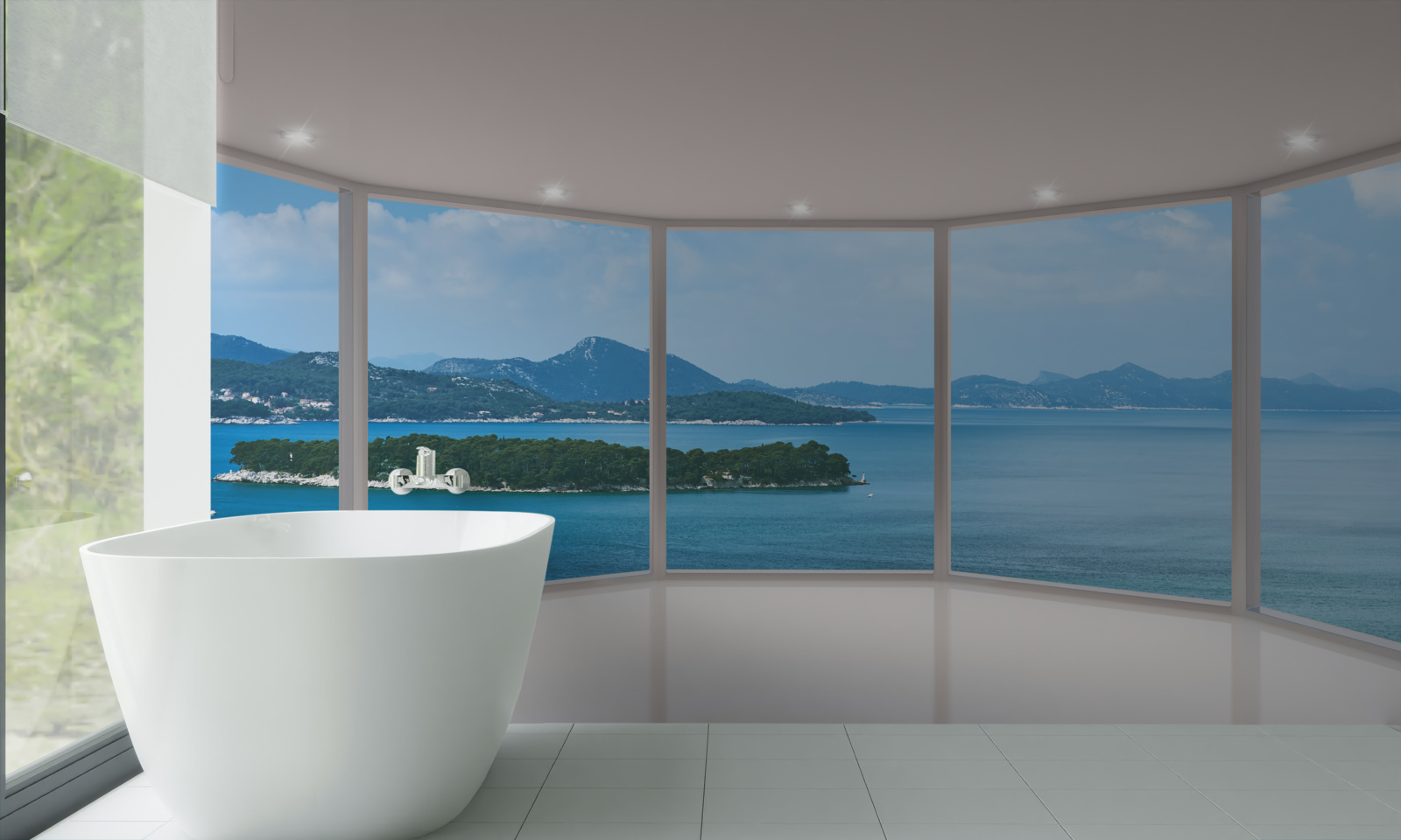 Fotobehang adembenemend panoramisch uitzicht op de oceaan vanuit de ramen