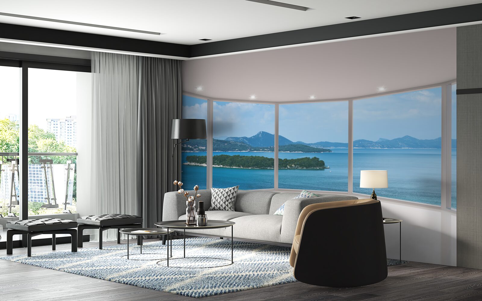 Fotobehang adembenemend panoramisch uitzicht op de oceaan vanuit de ramen