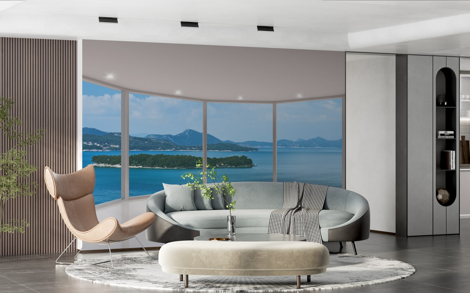 Fotobehang adembenemend panoramisch uitzicht op de oceaan vanuit de ramen