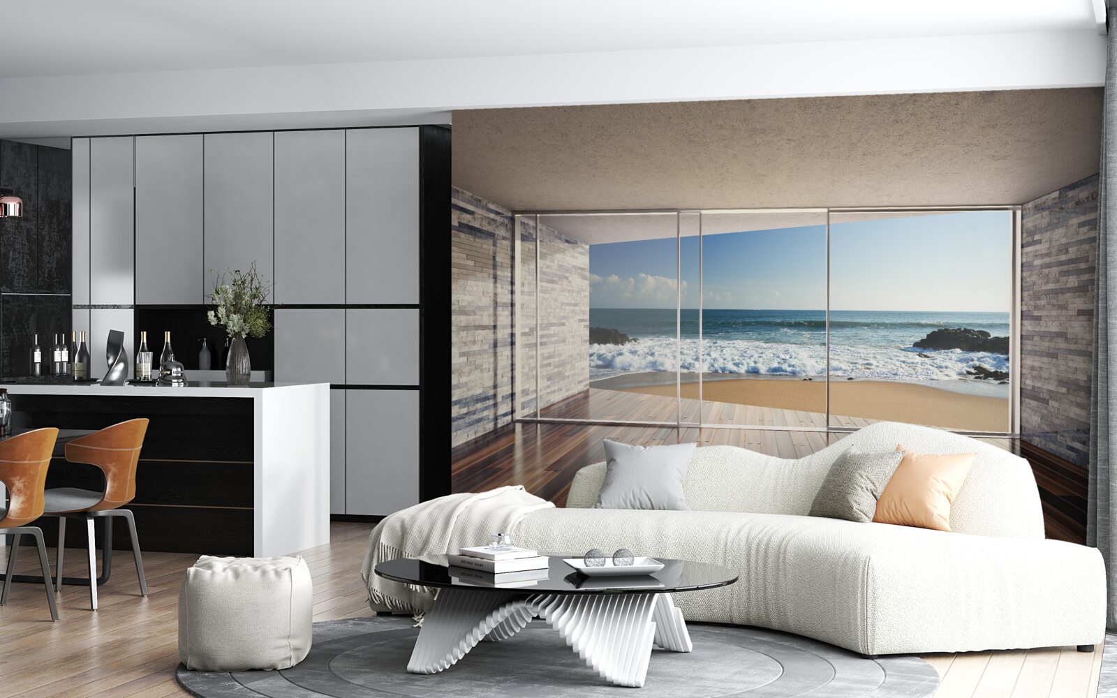 Fotobehang panoramische ramen bieden een prachtig uitzicht op zee