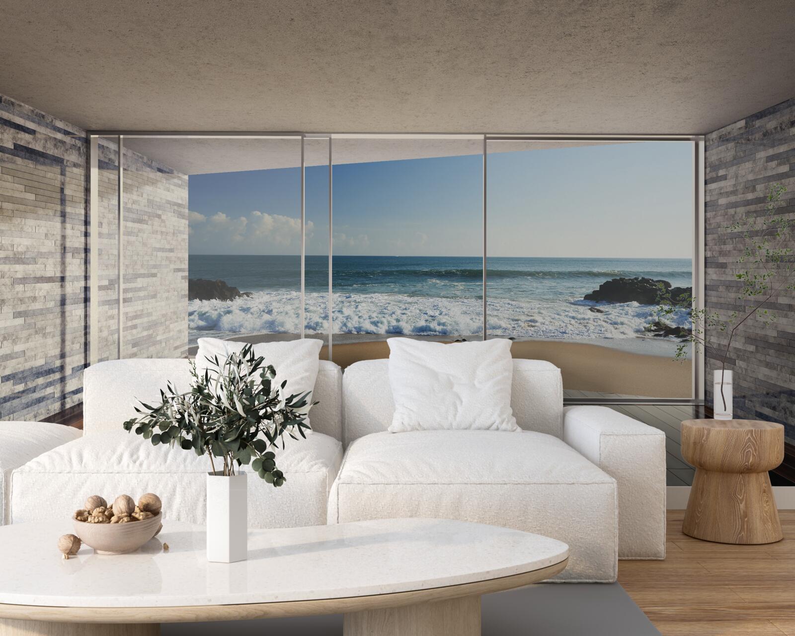 Fotobehang panoramische ramen bieden een prachtig uitzicht op zee