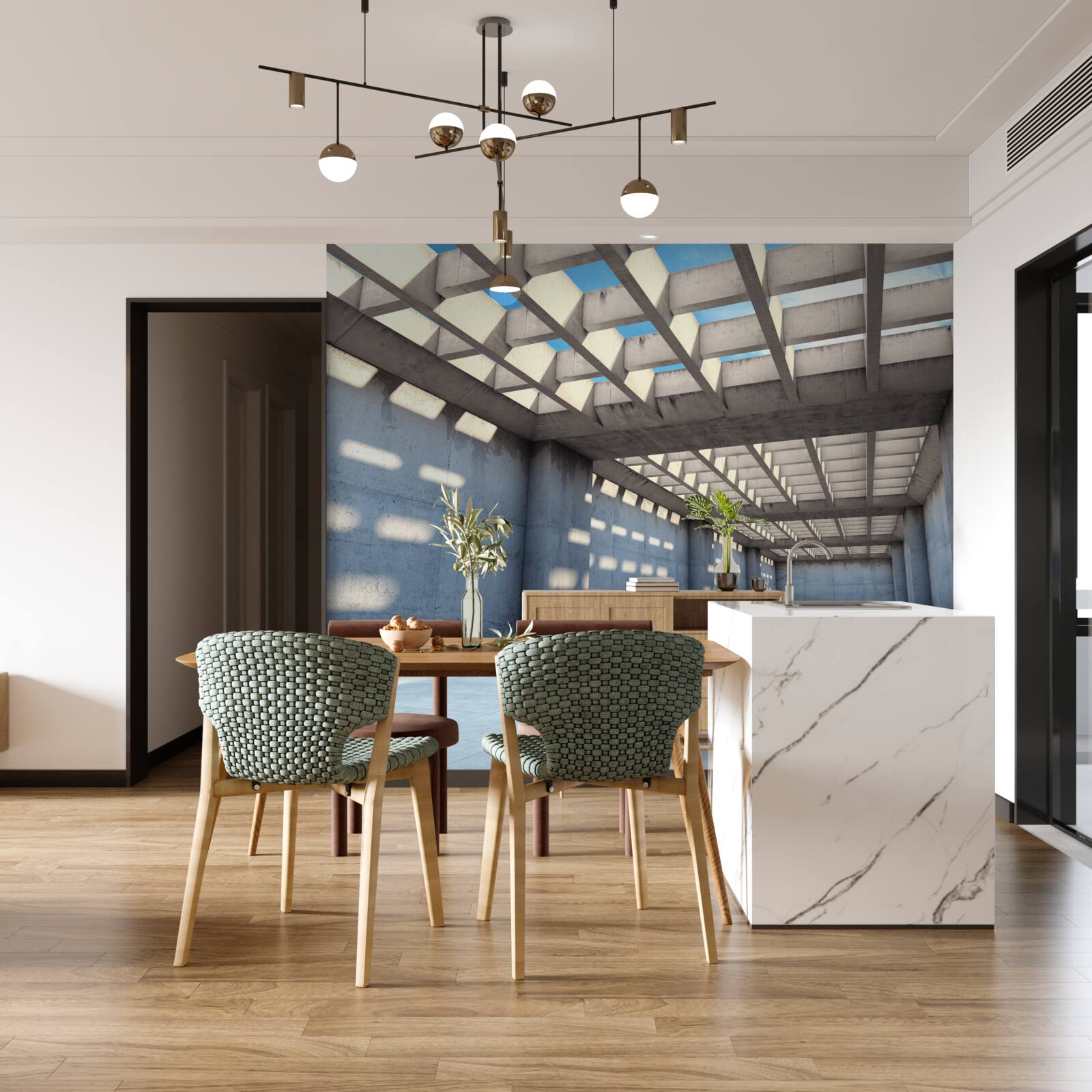 Fotobehang lichte hal met transparant houten plafond