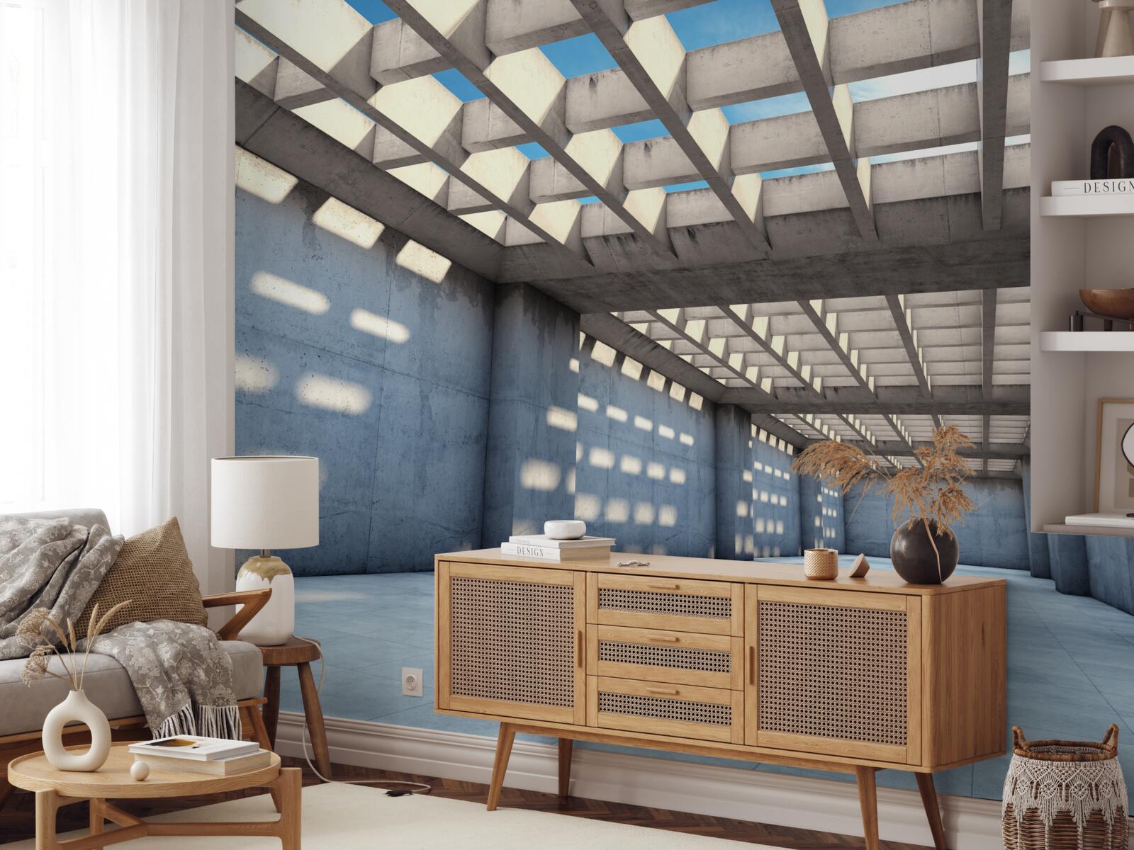 Fotobehang lichte hal met transparant houten plafond