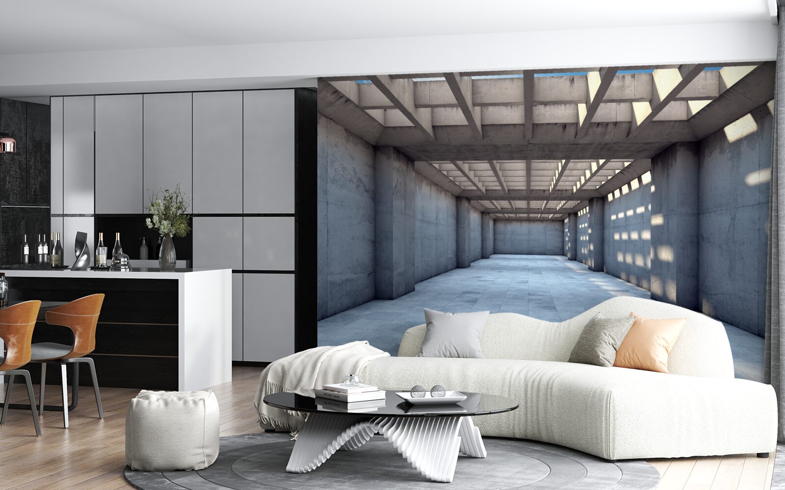 Fotobehang helder verlichte gang met een plafond bedekt met een houten rooster