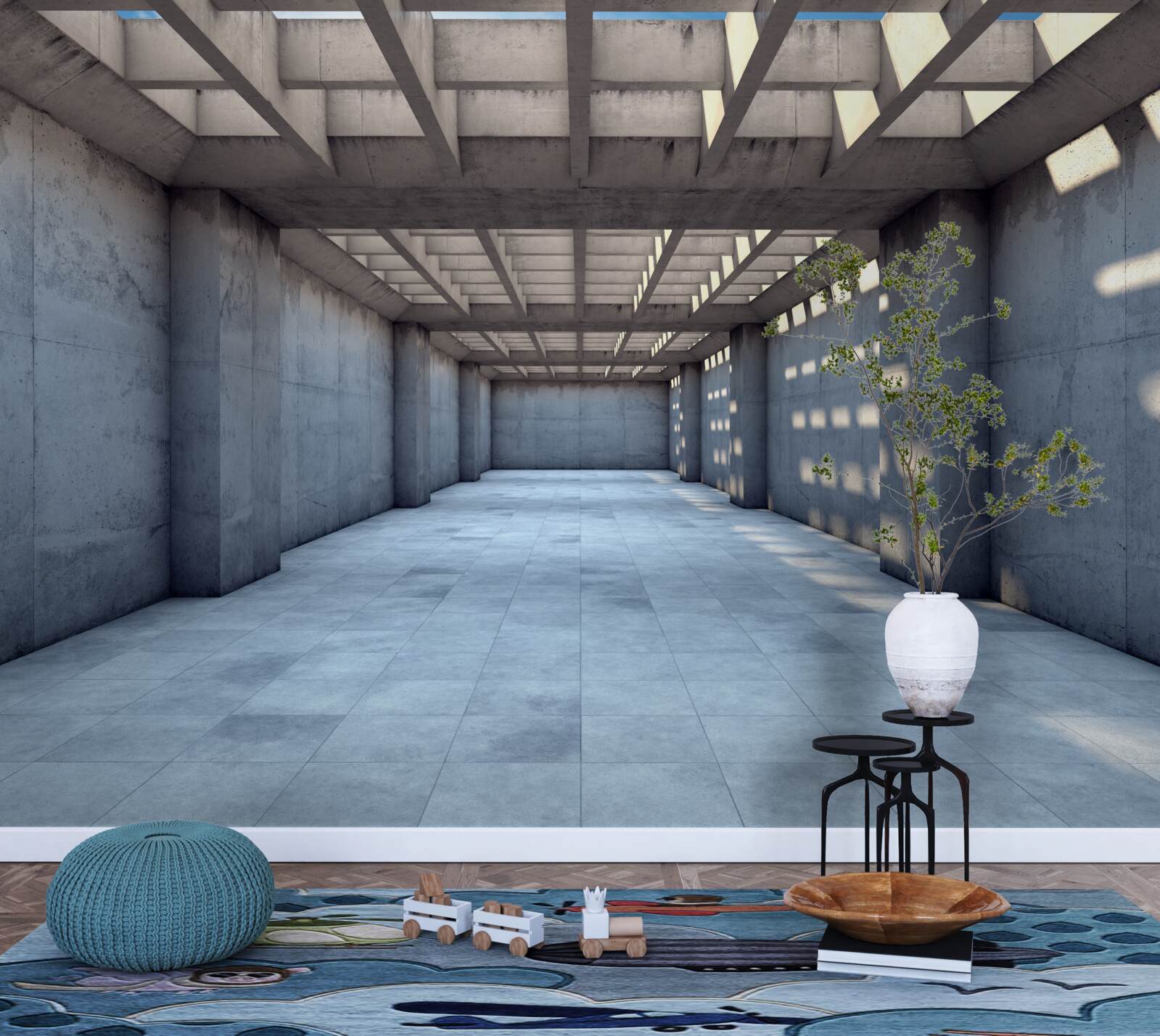 Fotobehang helder verlichte gang met een plafond bedekt met een houten rooster