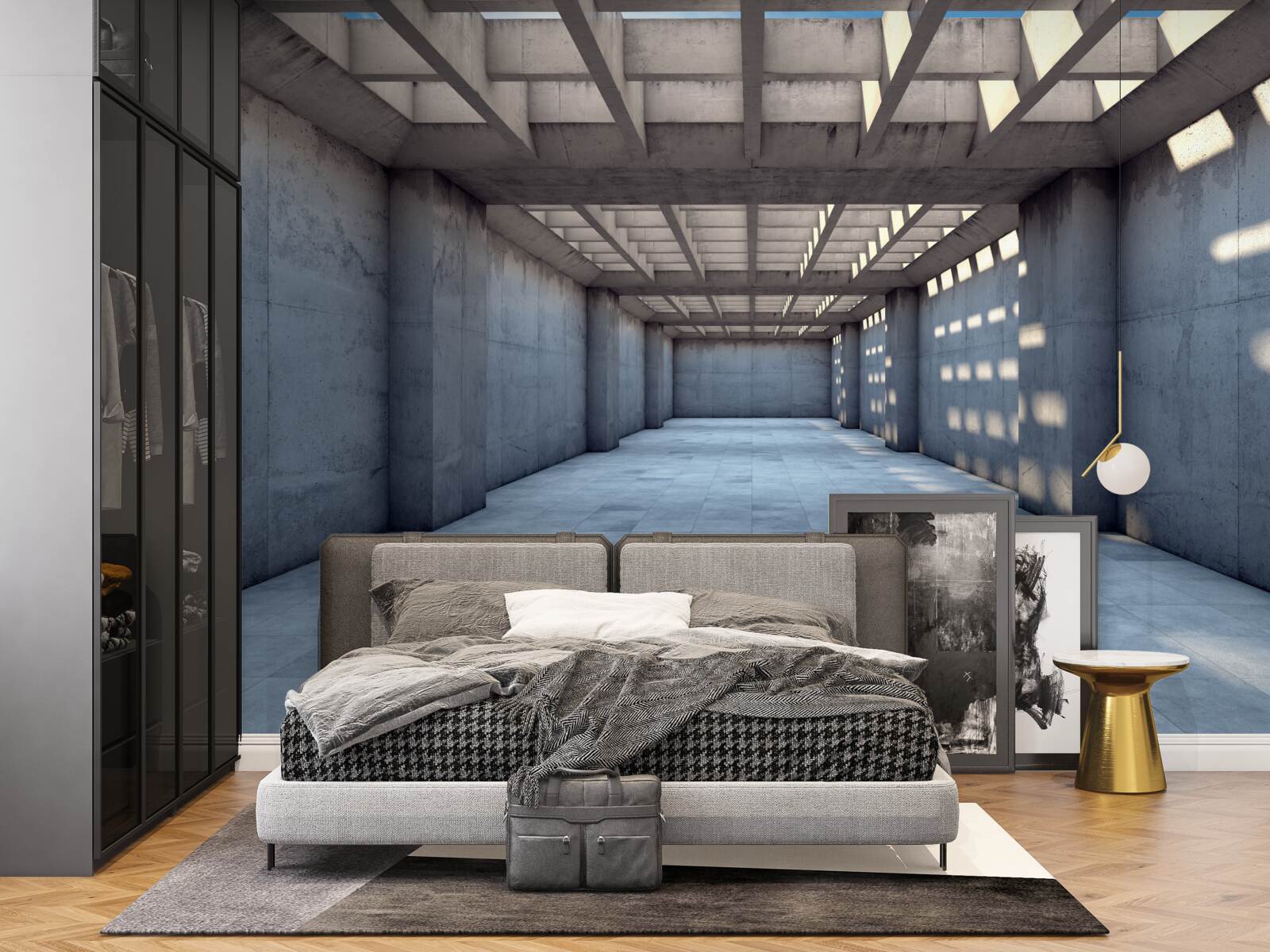 Fotobehang helder verlichte gang met een plafond bedekt met een houten rooster