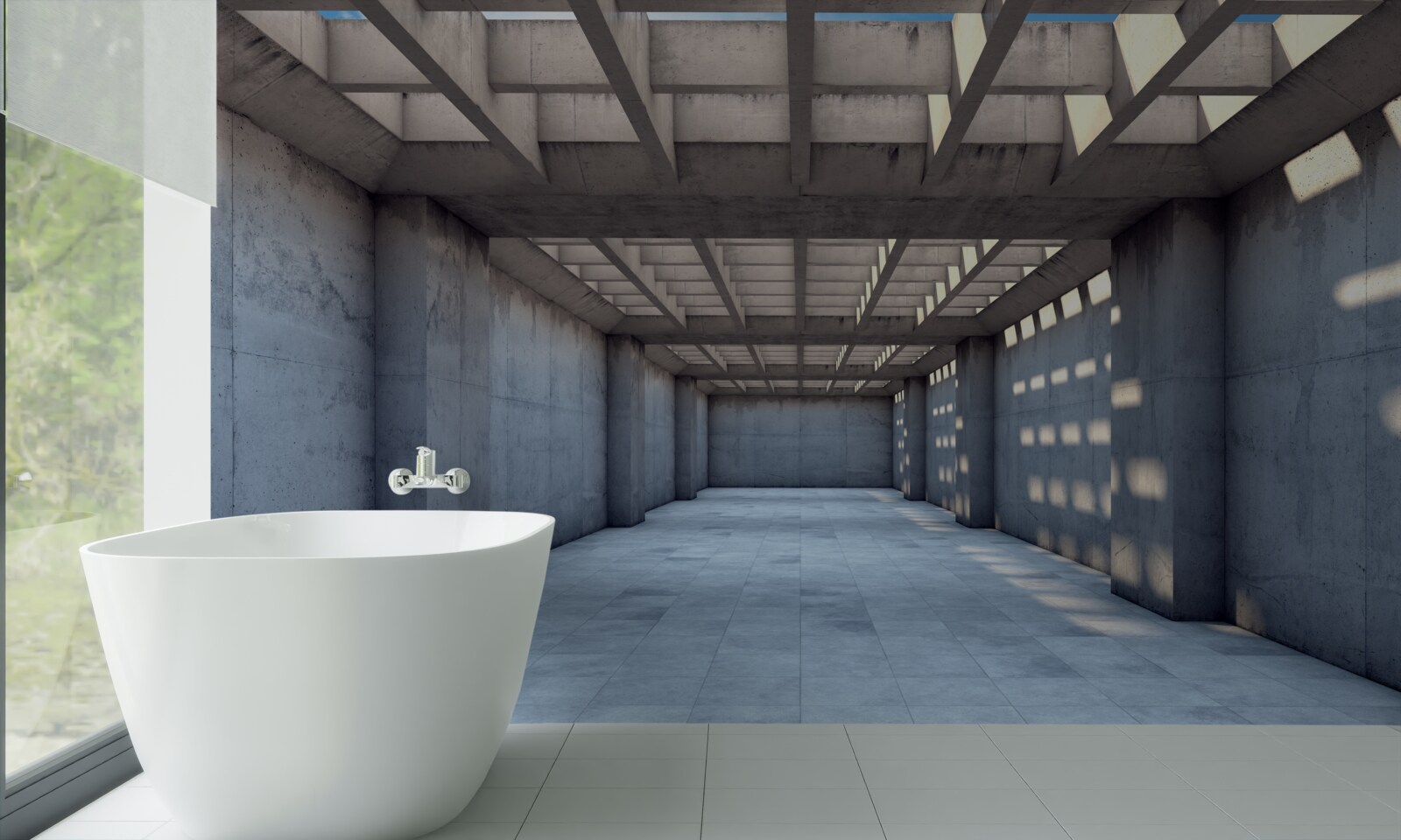 Fotobehang helder verlichte gang met een plafond bedekt met een houten rooster