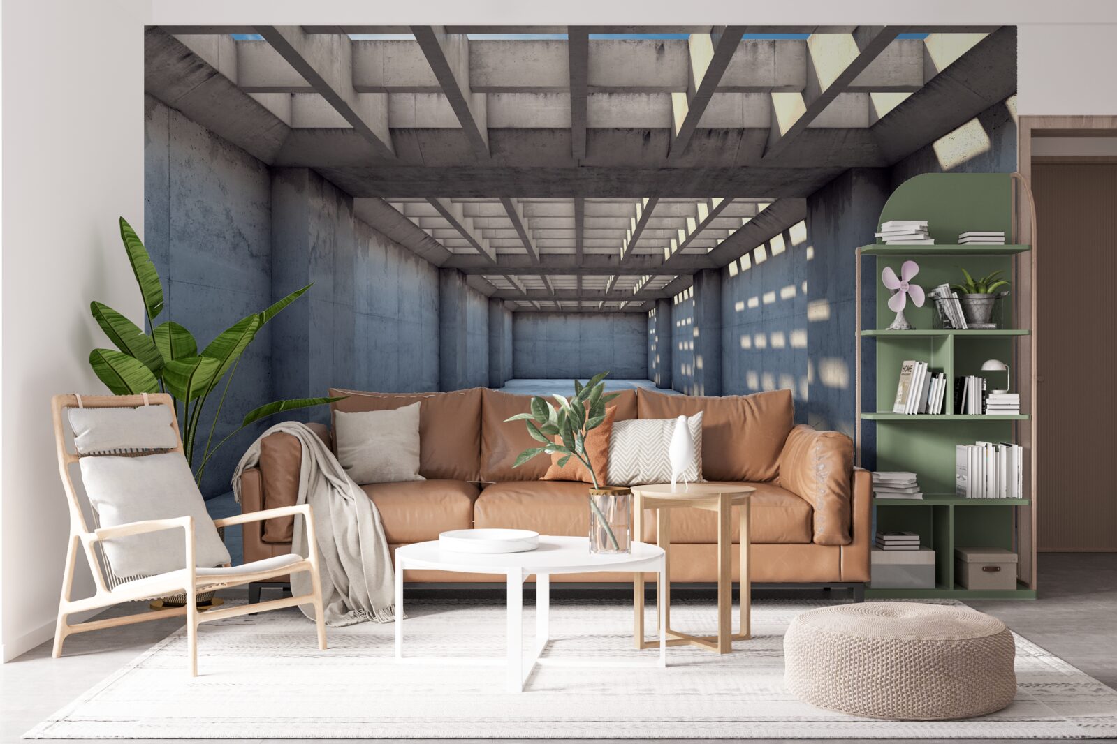 Fotobehang helder verlichte gang met een plafond bedekt met een houten rooster