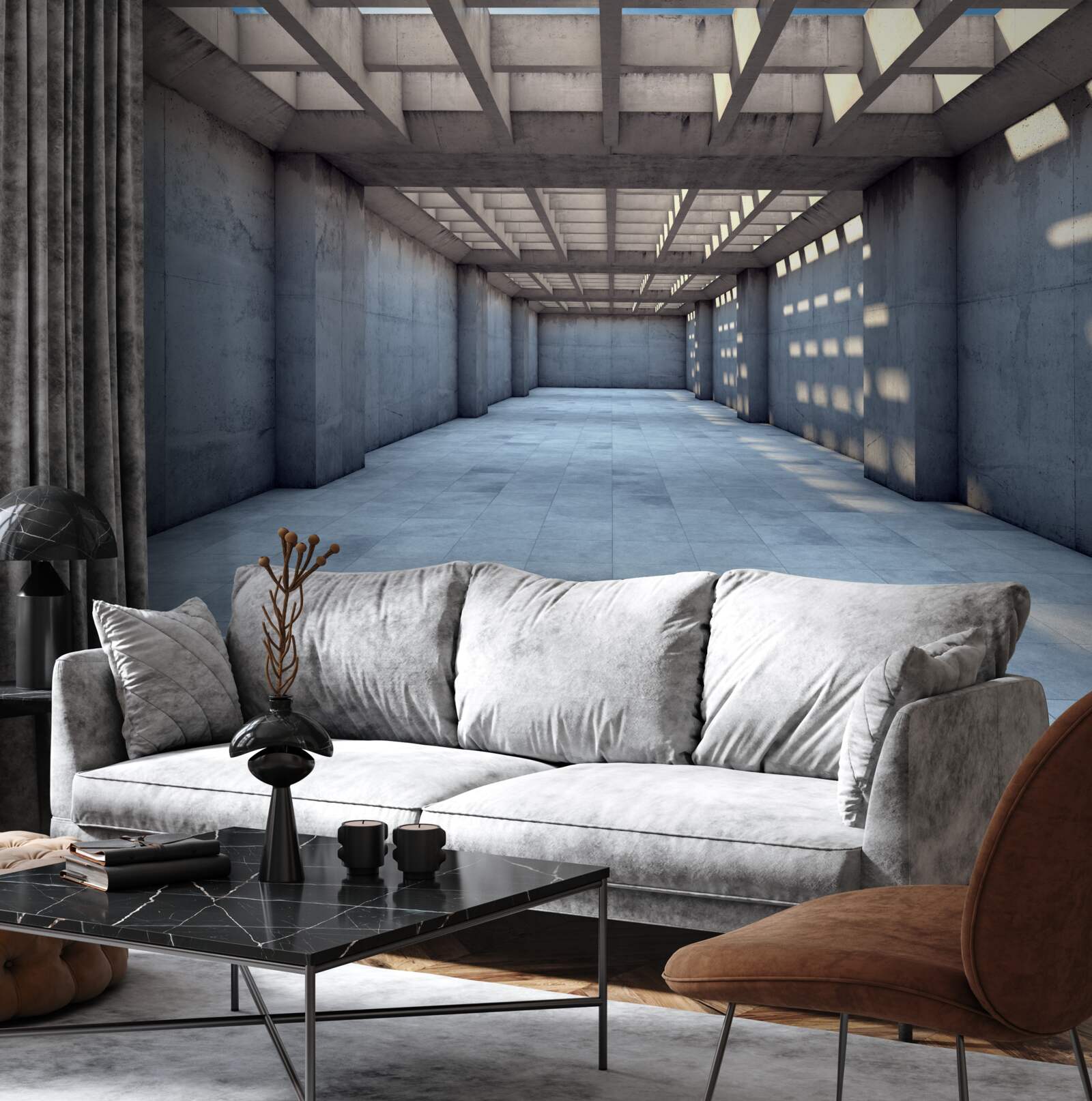 Fotobehang helder verlichte gang met een plafond bedekt met een houten rooster