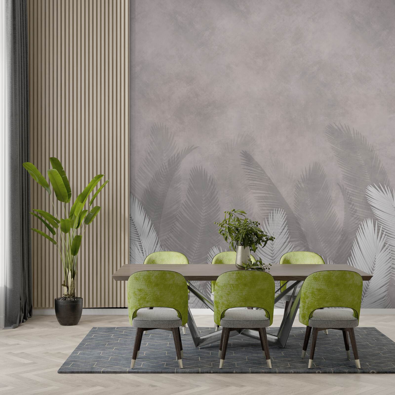 Fotobehang het mistige bos wordt verlicht door de heldere bladeren van de varens