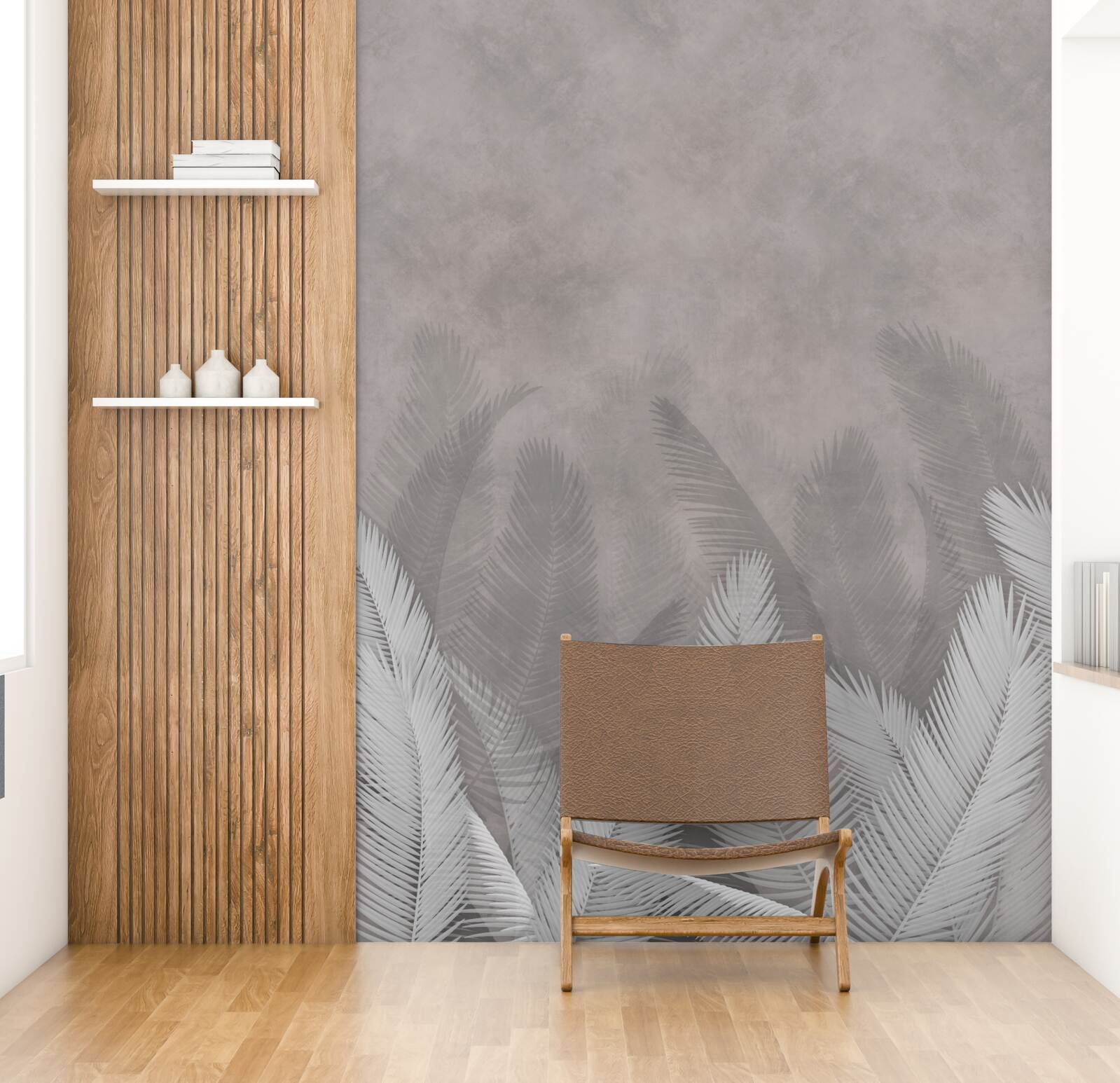 Fotobehang het mistige bos wordt verlicht door de heldere bladeren van de varens