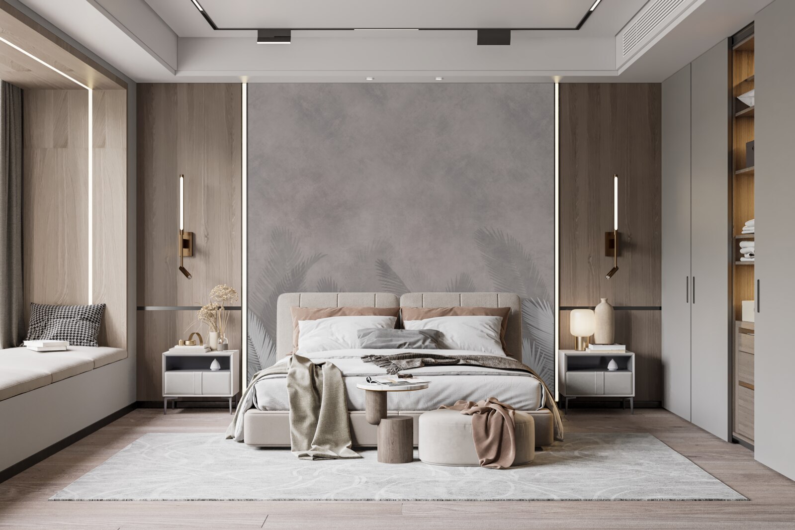 Fotobehang het mistige bos wordt verlicht door de heldere bladeren van de varens