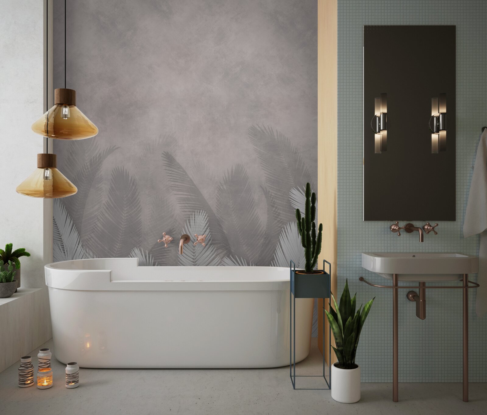 Fotobehang het mistige bos wordt verlicht door de heldere bladeren van de varens