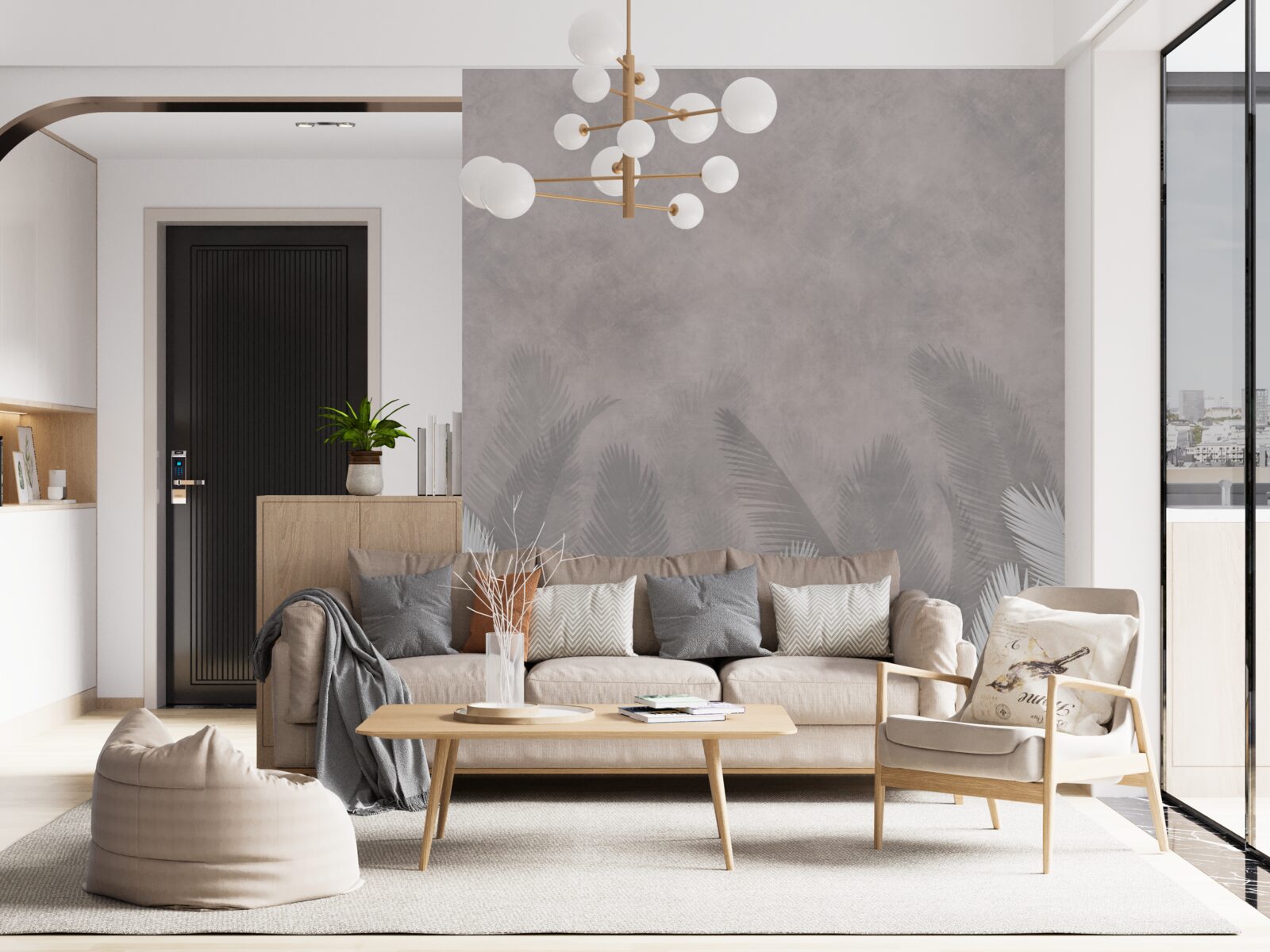 Fotobehang het mistige bos wordt verlicht door de heldere bladeren van de varens