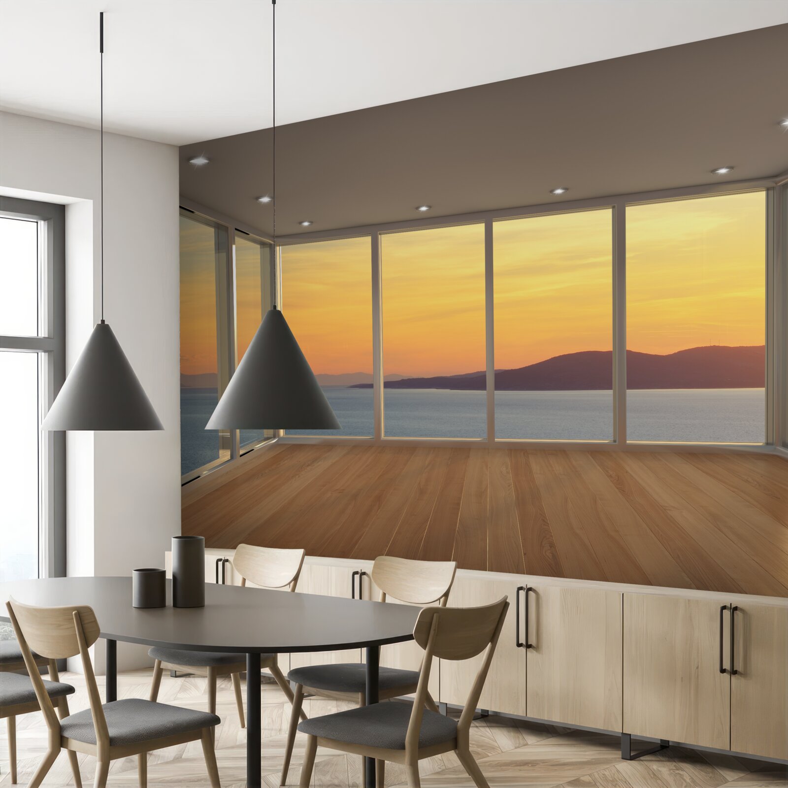 Fotobehang ongelooflijk mooi landschap van zonsondergang en zee vanuit panoramische ramen