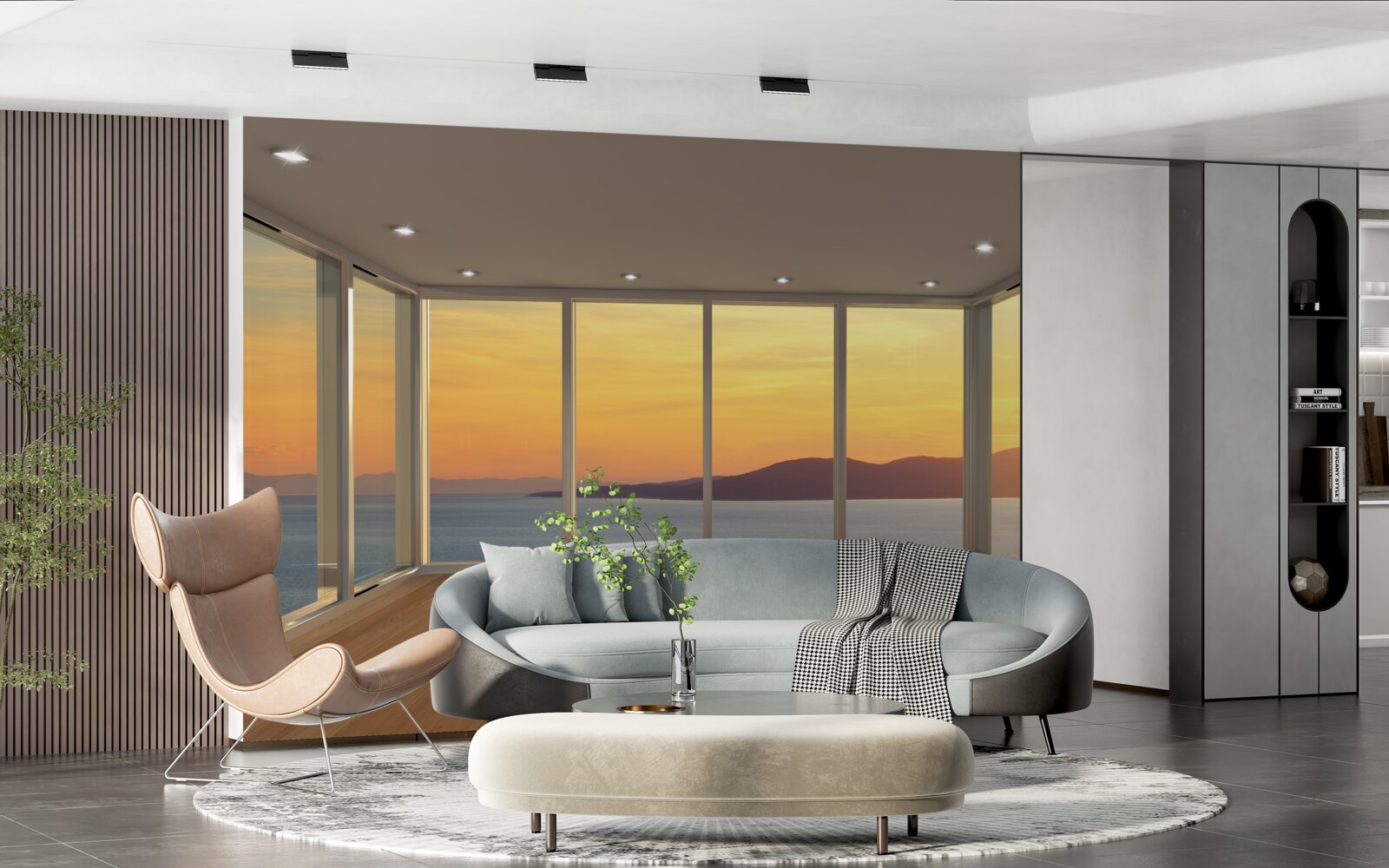 Fotobehang ongelooflijk mooi landschap van zonsondergang en zee vanuit panoramische ramen