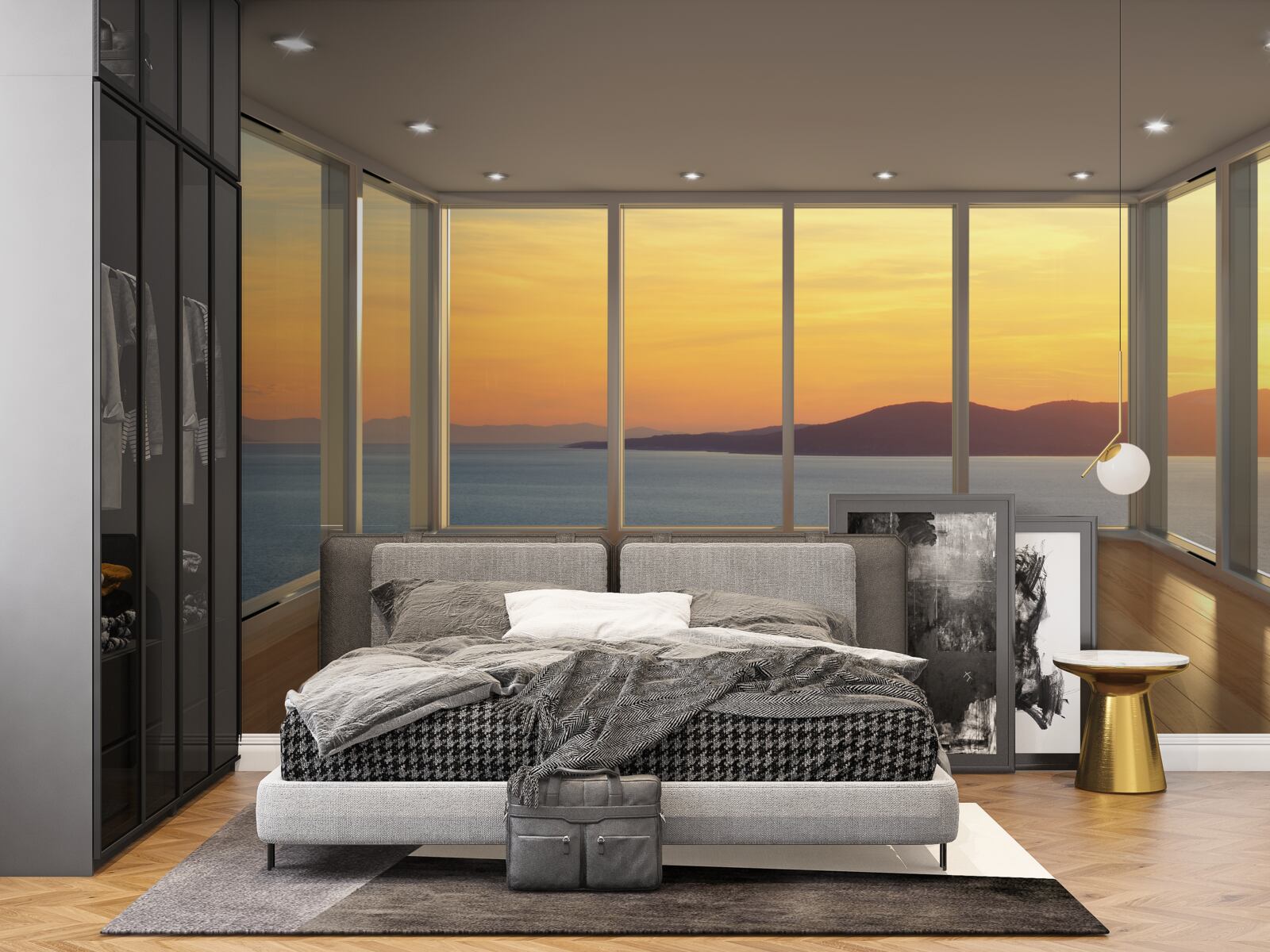 Fotobehang ongelooflijk mooi landschap van zonsondergang en zee vanuit panoramische ramen