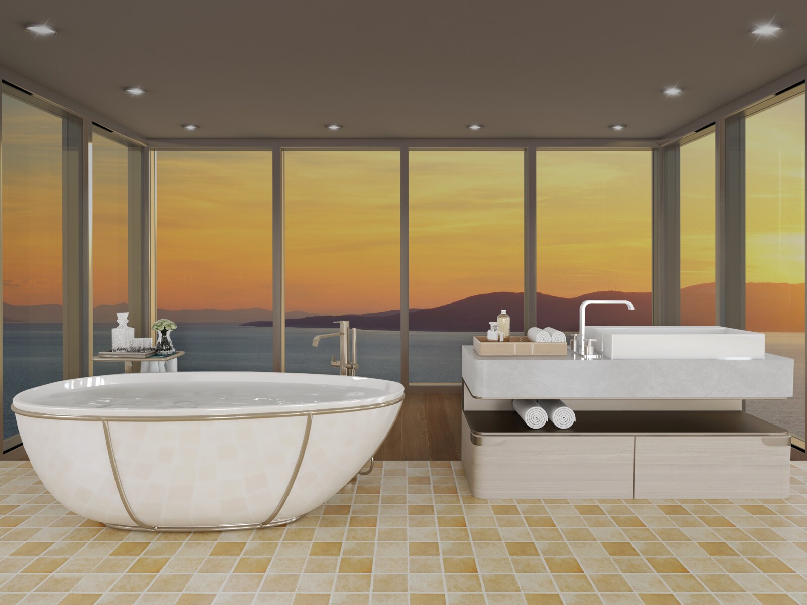 Fotobehang ongelooflijk mooi landschap van zonsondergang en zee vanuit panoramische ramen