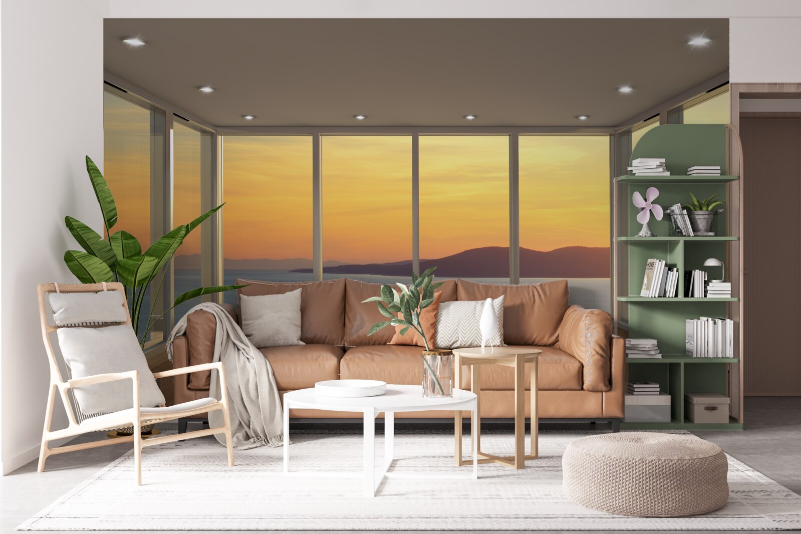 Fotobehang ongelooflijk mooi landschap van zonsondergang en zee vanuit panoramische ramen