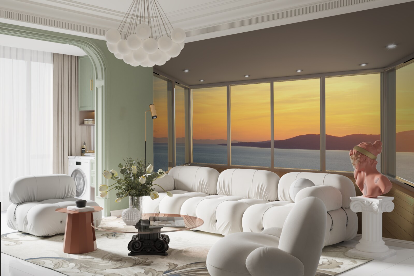 Fotobehang ongelooflijk mooi landschap van zonsondergang en zee vanuit panoramische ramen