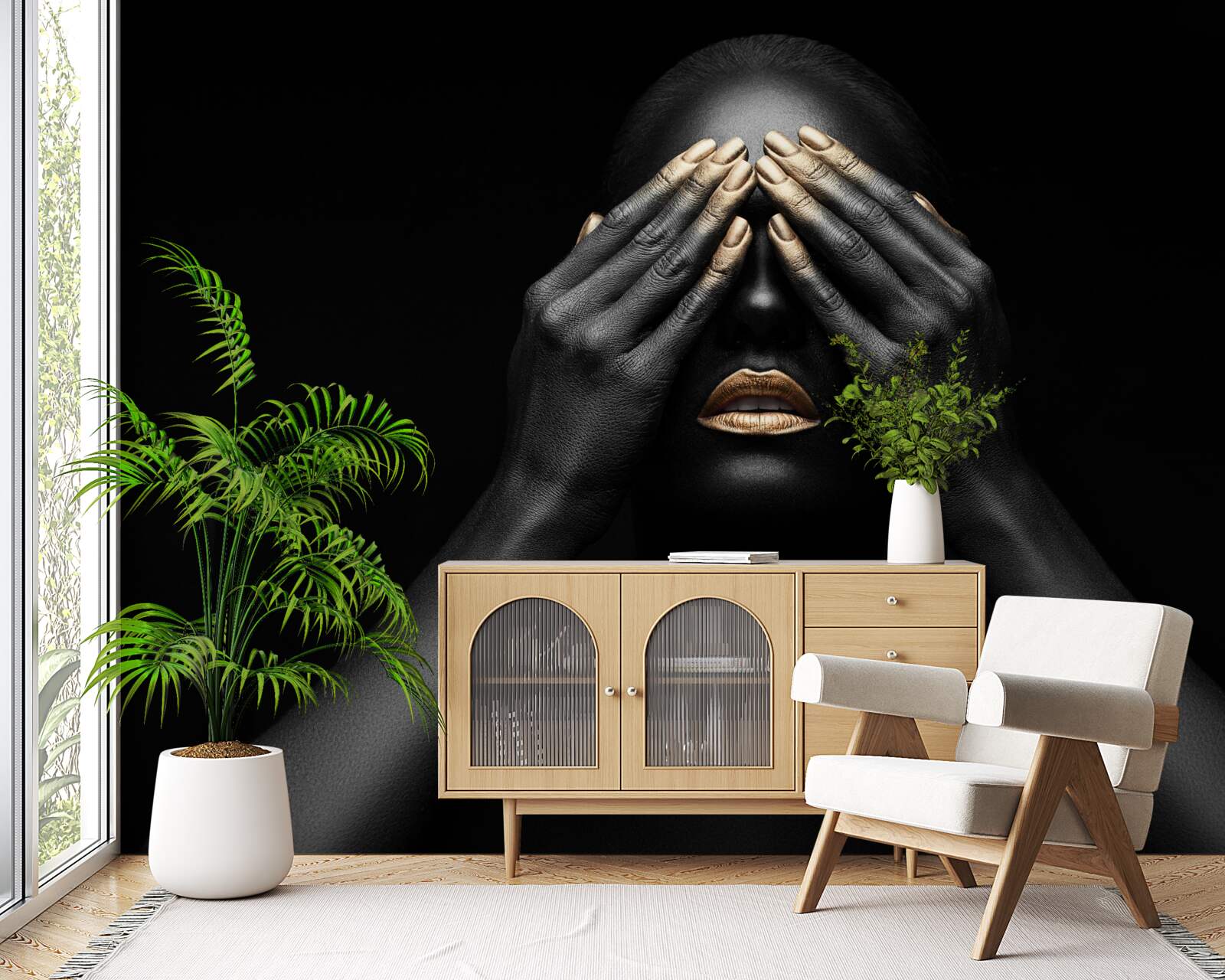 Fotobehang het meisje bedekte haar ogen met haar handen