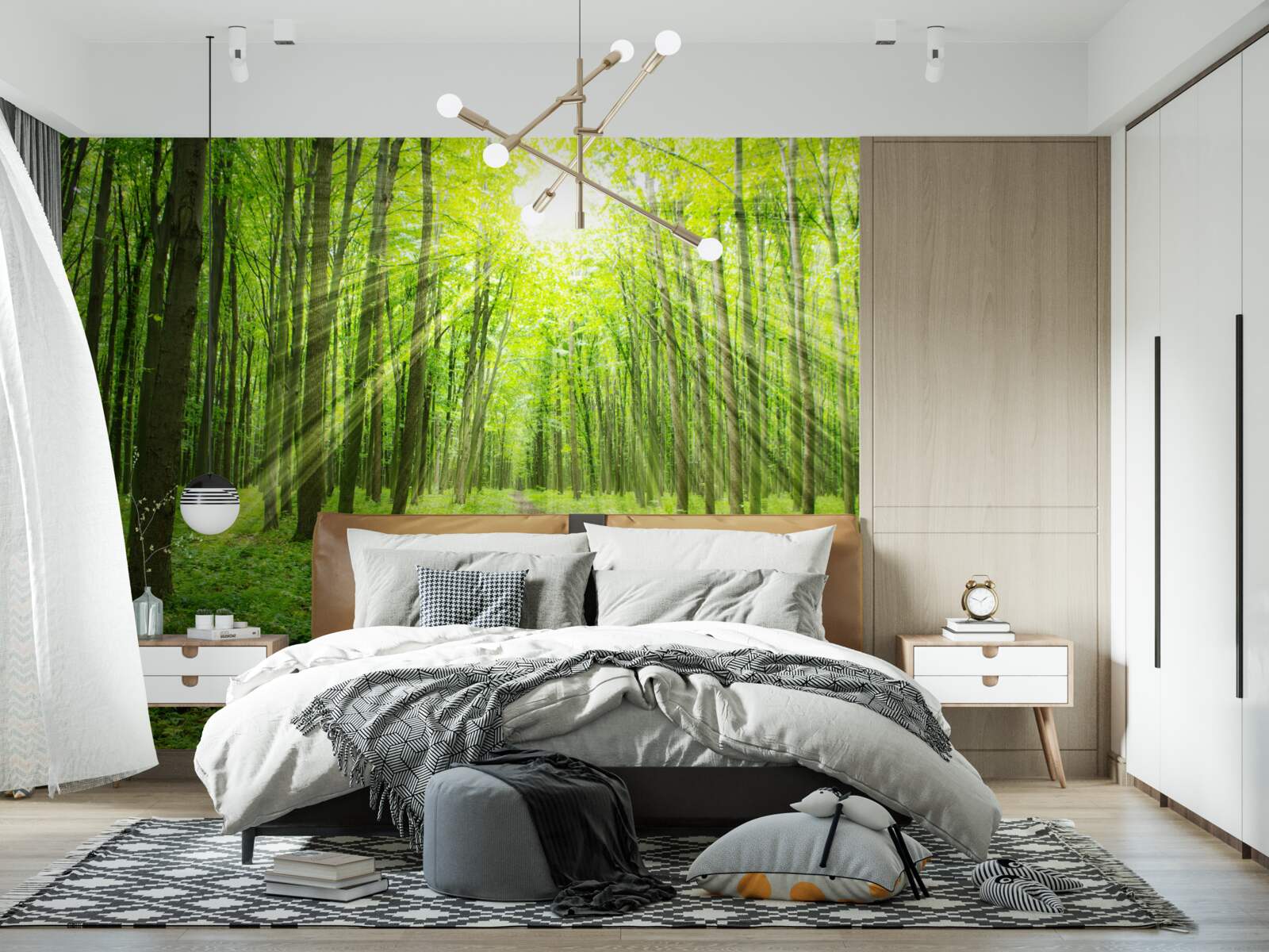 Fotobehang De zonnestralen in het weelderige groene bos verlichten helder alles rondom