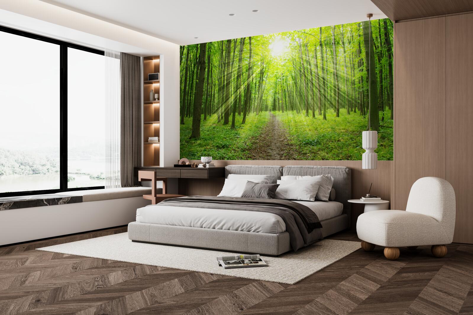 Fotobehang De zonnestralen in het weelderige groene bos verlichten helder alles rondom