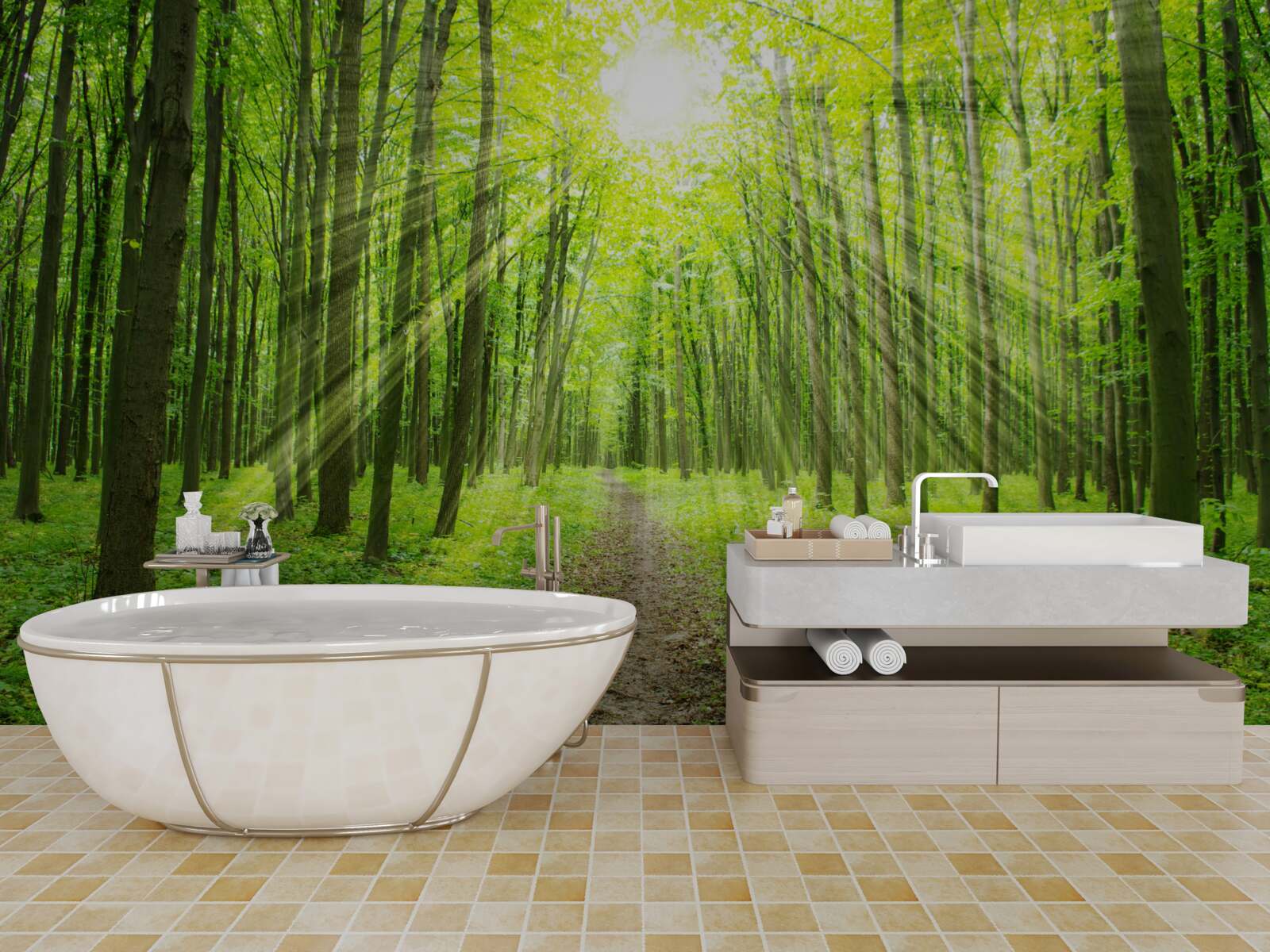 Fotobehang De zonnestralen in het weelderige groene bos verlichten helder alles rondom